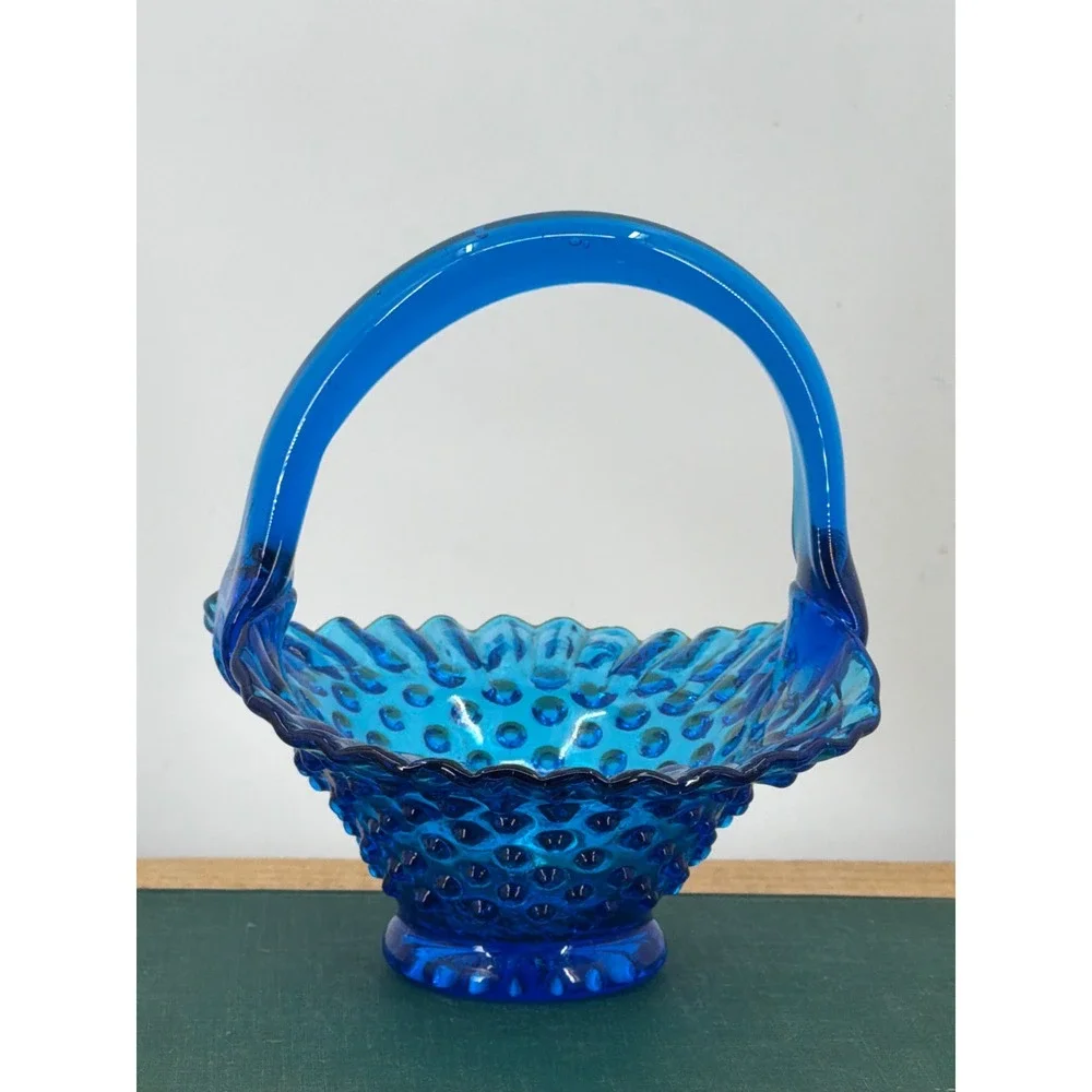 Vintage Blue Fenton Hobnail Glass Basket Ruffled Applied Handle Decorative Dish‎